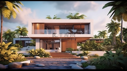 3D 插图从正面展示当代热带房屋建筑设计