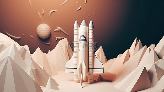 火箭图形背景图片_外太空行星上的纸艺火箭 3D 渲染设计