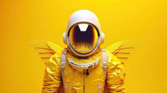 星空背景翅膀背景图片_黄色背景下带翅膀的宇航员的 3D 插图