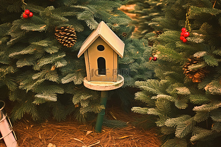 有一个小鸟屋和一堆圣诞树和松果