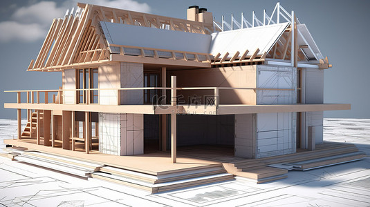 正在建设的节能房屋，带有 3D 渲染蓝图和评级图表