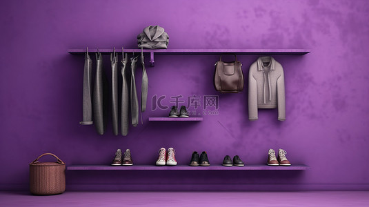 摇滚背景图片_受垃圾摇滚启发的衣服在 3D 紫色背景下展示在架子上
