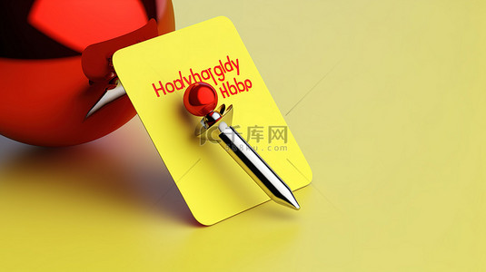 欢快的节日问候 3D 渲染黄色便签，带有大胆的红色图钉