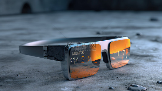 混凝土表面渲染的 ar 概念眼镜上的未来技术数字时间和日期显示