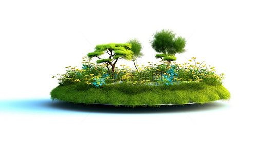 鲜花绿地背景图片_白色背景的 3D 渲染，岛上有郁郁葱葱的绿草和鲜花
