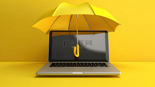 黄色雨伞遮蔽的笔记本电脑的 3D 渲染