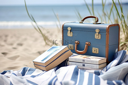 自然学习背景图片_两个海滩手提箱和毛巾上的一本书