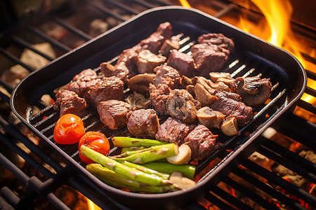 美团牛肉饭主图背景图片_户外烤架上的牛肉蔬菜蘑菇和芦笋烧烤