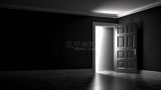 3d 渲染一个怪异的黑色房间，门微开，微弱的微光