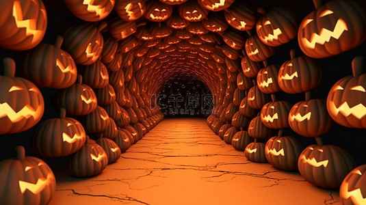 万圣节鬼树背景图片_万圣节背景的怪异南瓜隧道的 3D 渲染
