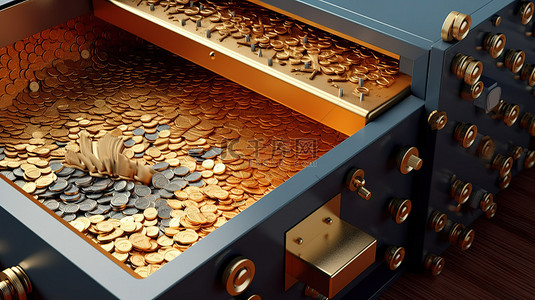 未锁保险箱的 3D 插图，其中包含金钱珠宝和金锭形式的财富
