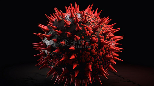 黑色背景下的红色冠状病毒 3d 渲染