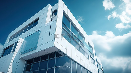 蓝天背景下的 3D 渲染当代建筑立面