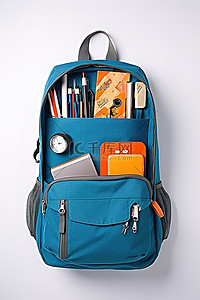 一个蓝色的背包，里面装满了上学所需的物品