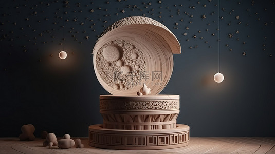 用于在月亮和星星插图下推广夜间产品的 3d 舞台