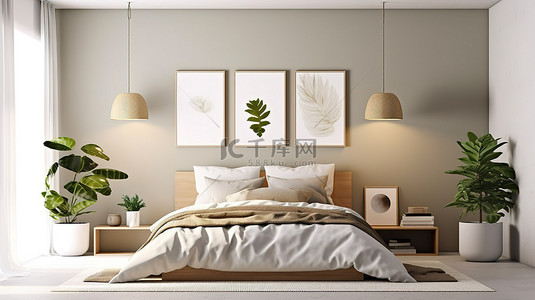 简约海报框背景图片_带空白海报框 3D 渲染的简约斯堪的纳维亚卧室