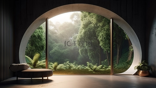 放松放松背景图片_从令人放松的 3D 渲染室内角落空间观看自然