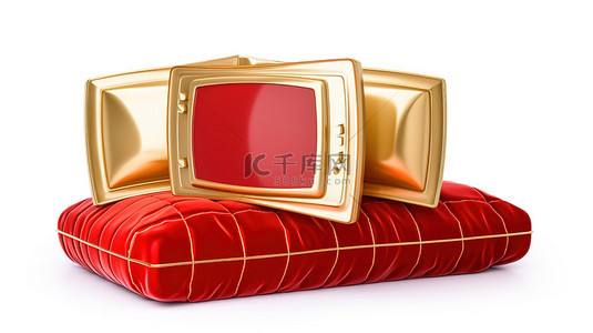 带红色枕头的金色电视机，在白色背景中隔离的 3D 渲染金条屏障中