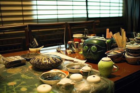 桌子上放着玻璃杯，桌上摆着各种各样的陶器
