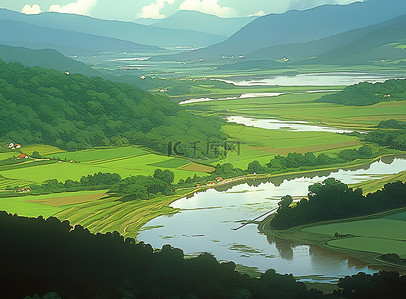 平原背景图片_平原上的河流，周围有陡峭的山丘