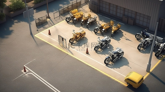 街景公园背景图片_以 3D 渲染的逼真等距概念摩托车场景