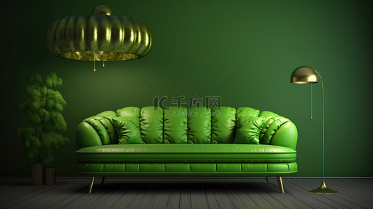 绿色客厅的 3D 渲染，沙发上方配有灯和枕头