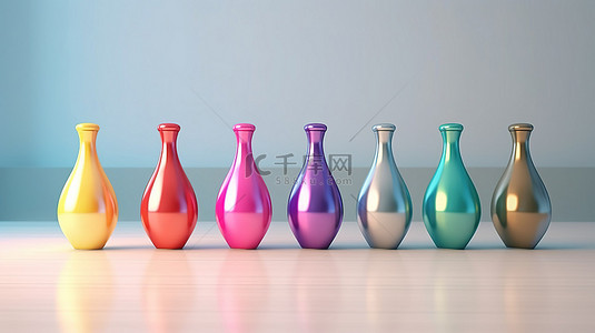 彩虹色保龄球瓶的充满活力的 3D 渲染