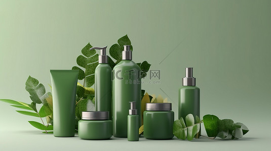 美白面膜背景图片_绿色背景下自然美容产品样机的 3D 插图