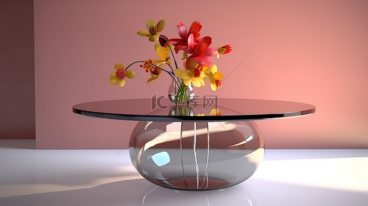 空的花瓶背景图片_3D 玻璃桌上的花瓶