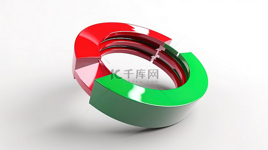 3D 渲染的圆形箭头图标的插图，在白色背景上隔离，具有 360 度旋转的红色和绿色