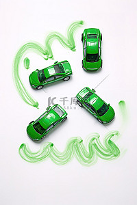 三辆绿色汽车，上面写着“绿色能源”