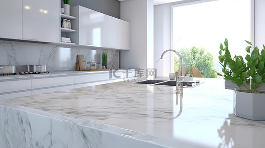 悬空岛上背景图片_白色花岗岩厨房岛上可用的空白空间，现代白色厨房内部在背景 3D 渲染中模糊