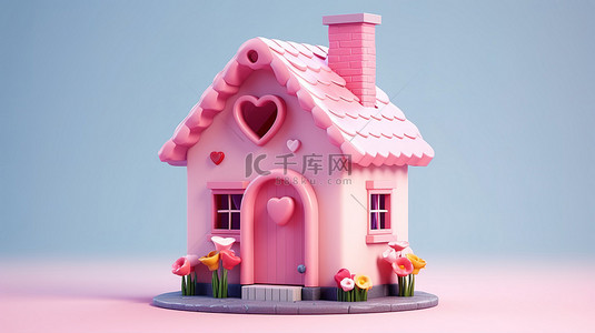 可爱小屋背景图片_可爱的 3D 渲染卡通粉色家