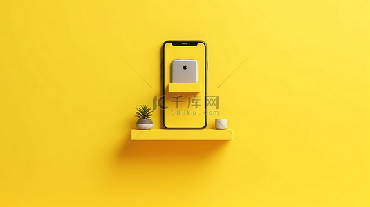 办公桌椅简笔画背景图片_垂直背景的 3D 插图，手机放在黄色墙架上