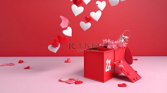 爱心日历背景图片_情人节 3d 渲染日历背景中飞扬的心和礼品盒