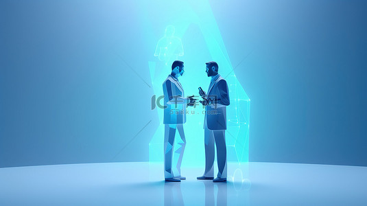 手机人背景图片_虚拟咨询 3d 呈现患者通过智能手机在有光泽的蓝色背景下与医生沟通