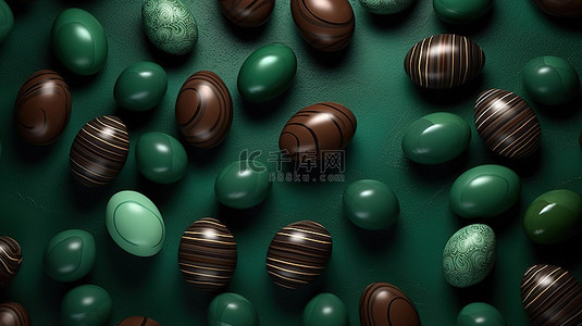 由巧克力制成的复活节彩蛋排列在深绿色桌子上，从上面的平面布局与 3D 渲染