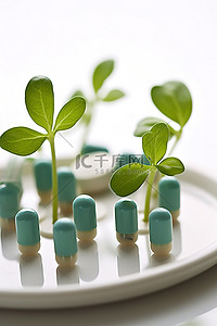 胶囊白背景图片_白盘上小药丸上的植物芽