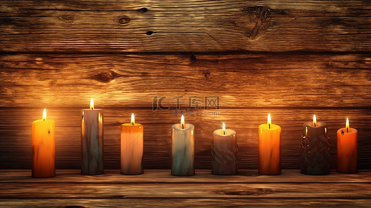 带火的背景背景图片_带蜡烛照明的复古木质背景的 3D 渲染