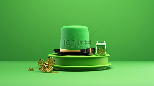 明亮的绿色背景的 3D 渲染，带有快乐的圣帕特里克节问候讲台啤酒杯和绿帽子