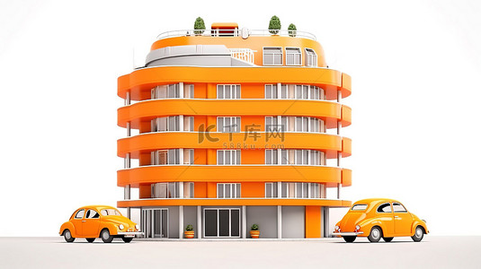 塔塔汽车背景图片_橙色当代酒店的 3D 渲染，配有卡通汽车和白色背景的街道