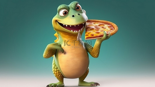 异想天开的 3d 爬行动物拿着美味的披萨