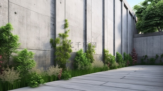 花园装饰的混凝土墙是一座宏伟建筑的 3D 渲染
