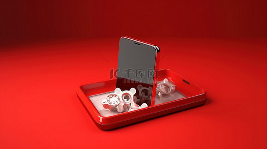 电话和场记板与空白屏幕红色背景电影观看概念在 3D 渲染