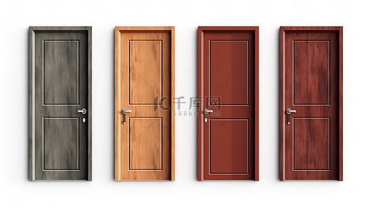 白色木门背景图片_白色背景隔离间门和一组以 3D 呈现的各种开放位置的木门