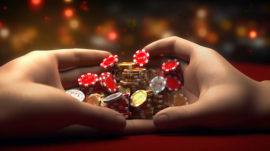 拿着赌场筹码红心和俱乐部的赌博手的 3D 插图