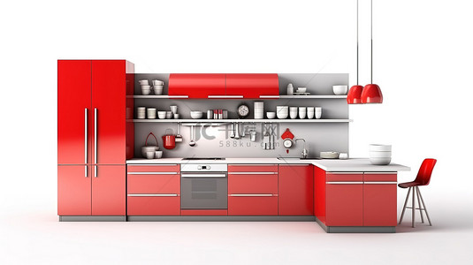 现代红色厨房家具与炊具，位于干净的白色表面，采用 3D 设计
