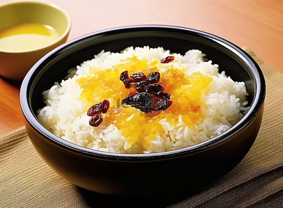 米饭样机背景图片_一碗米饭放在一个黄色的盘子上