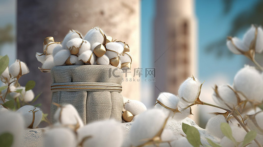 农业金融背景图片_棉花袋与棉花花硬币和石柱的 3D 插图