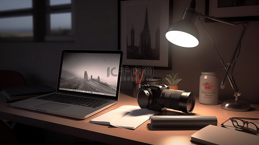 自由职业者的工作站相机笔记本电脑和 3D 插图中的灯